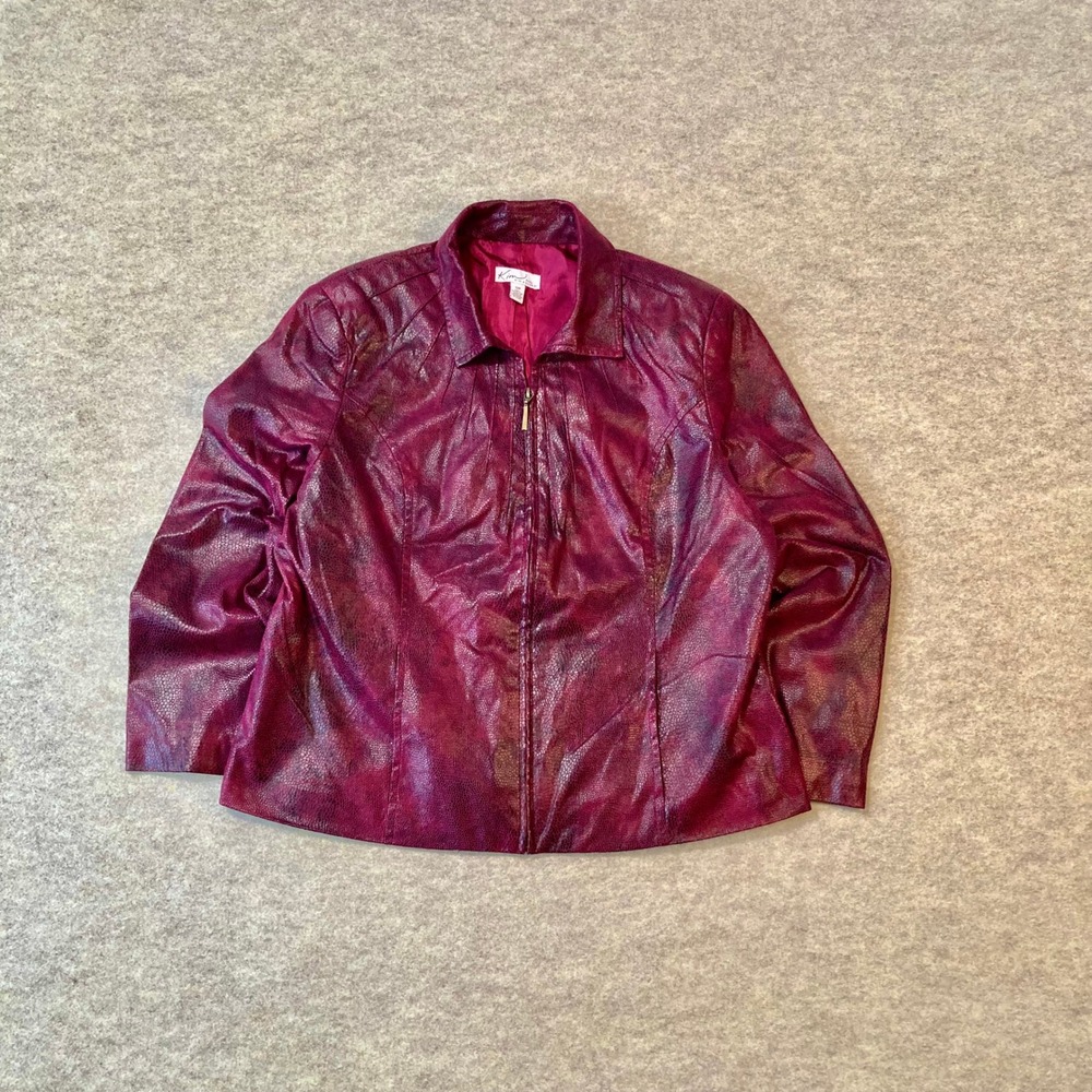 Burgundy Snakeskin Faux Leather Zip Jacket Kim Rogers 12P Moto Chic Maroon Fall
